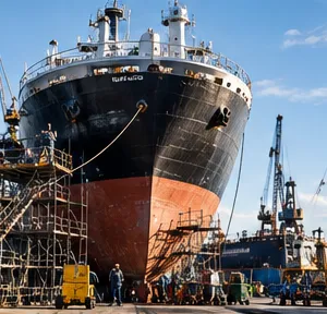 Navio em doca seca cercado de andaimes