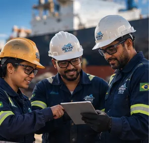 Três técnicos da Seven Seas conferindo um tablet
