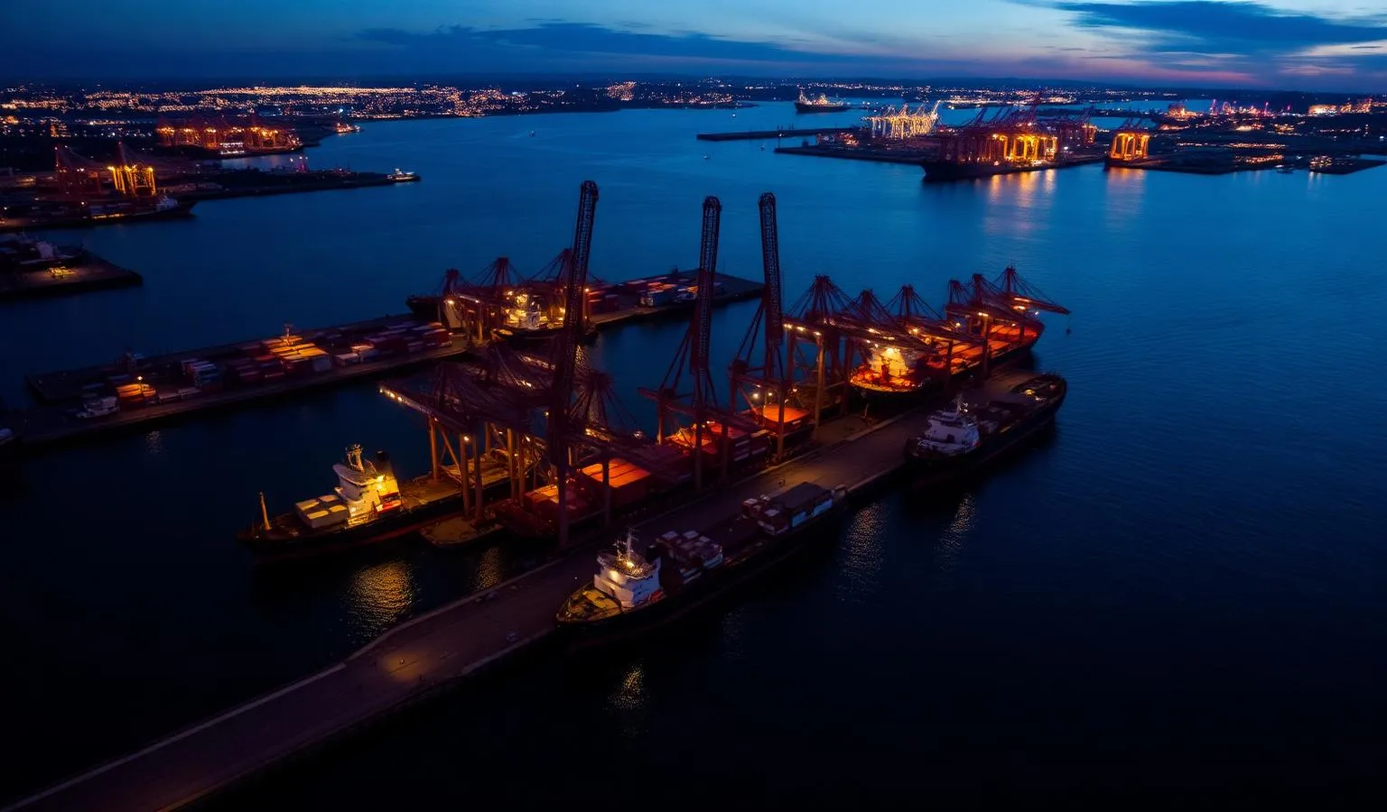 Vista aérea noturna de um porto com guindastes e navios atracados
