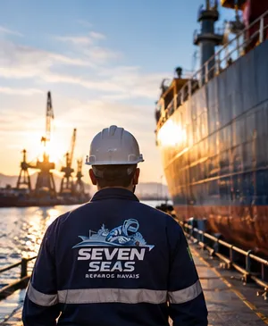 Técnico da Seven Seas de costas, com o uniforme da empresa, diante de um navio atracado ao pôr do sol