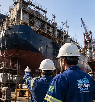 Técnicos da Seven Seas apontando para o casco de um navio em andaimes